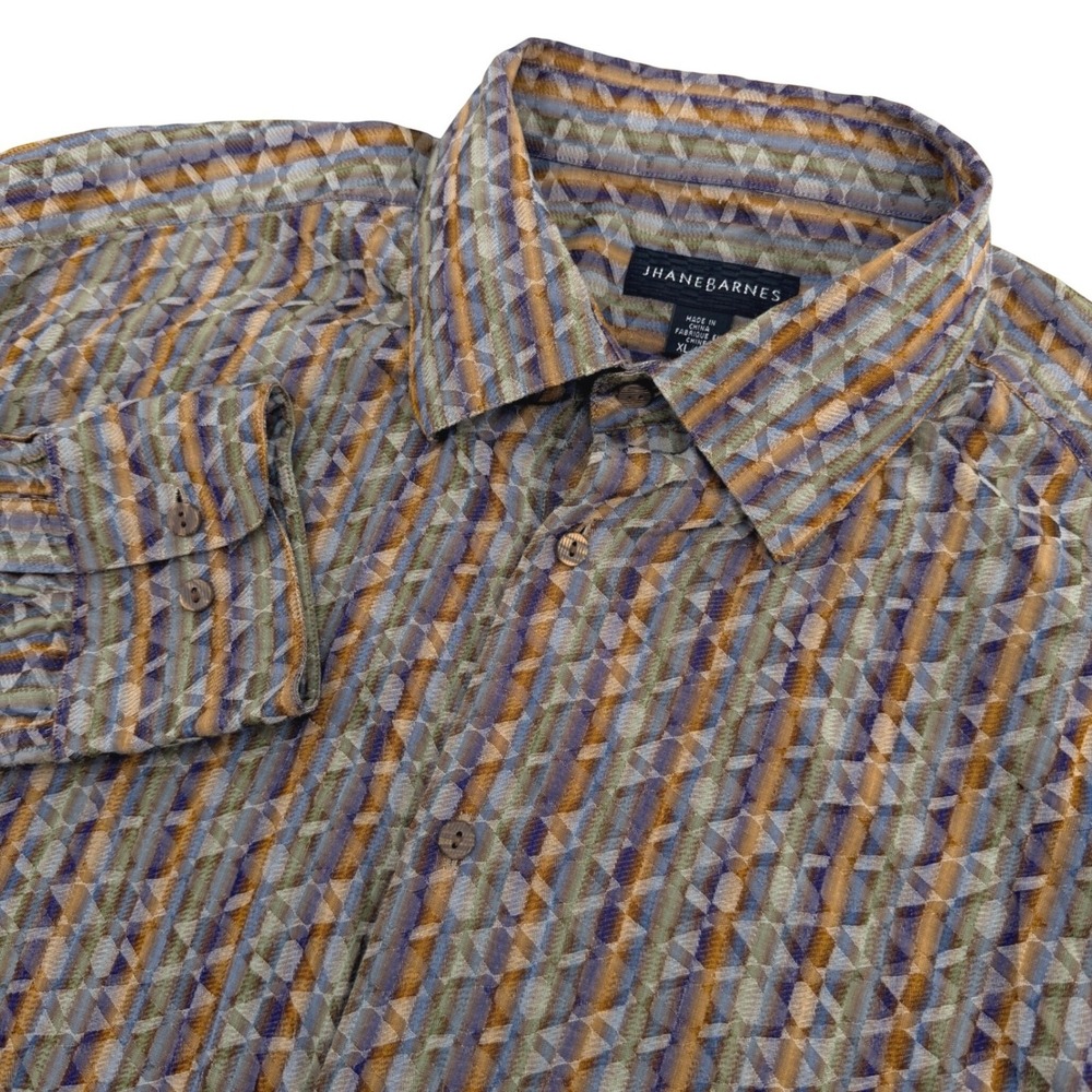 Jhane Barnes Shirt Mens XL Brown Geometric Silk Cotton Lightweight Long Sleeve